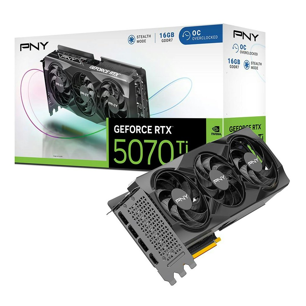 A large main feature product image of PNY GeForce RTX 5070 Ti OC 16GB GDDR7