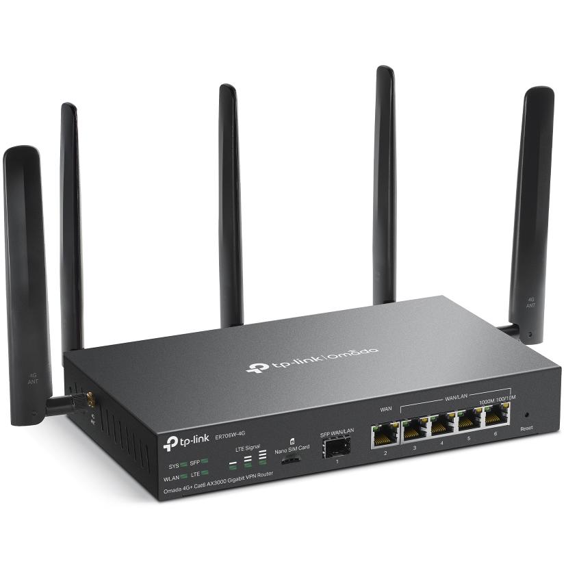 A large main feature product image of TP-Link Omada ER706W-4G - AX3000 4G+ Multi-Gigabit Wi-Fi 6 VPN Router
