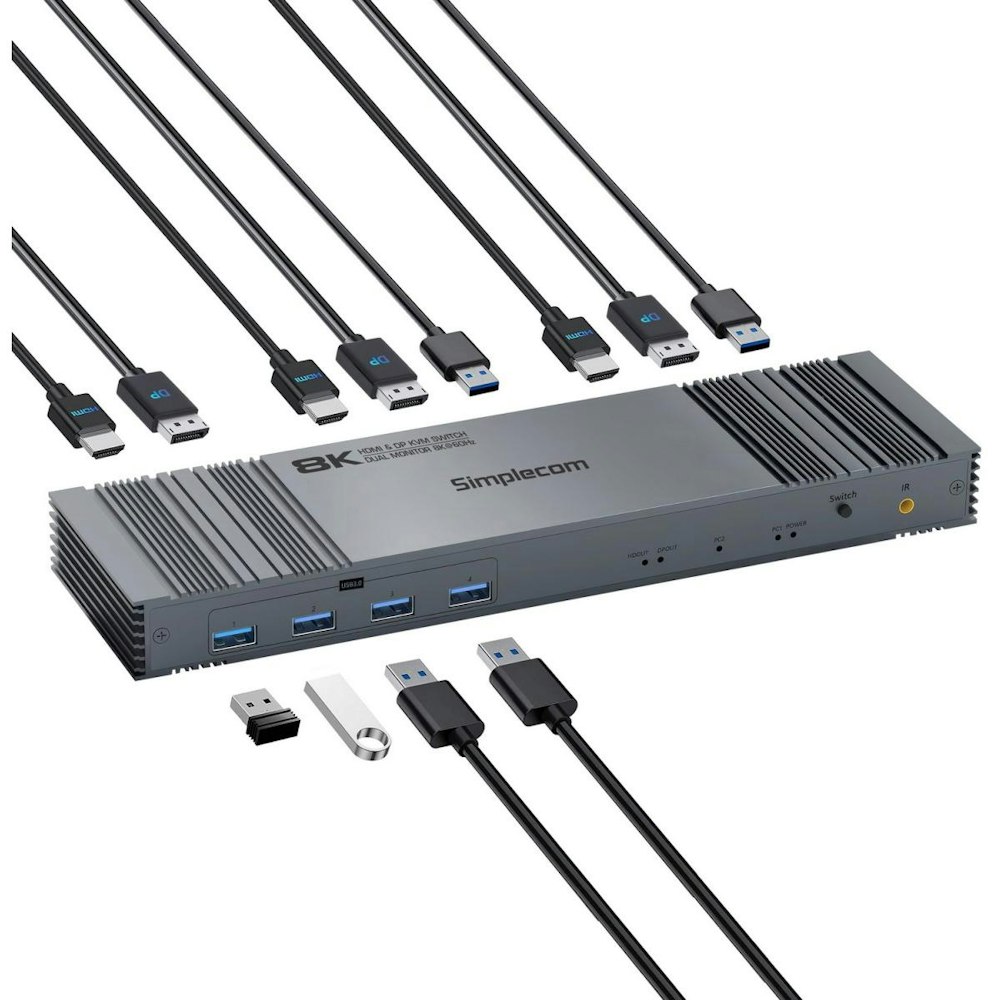 A large main feature product image of Simplecom KM490 HDMI and DisplayPort Dual Monitor KVM Switch for 2 Computers with 4-Port USB 3.0 Hub 5Gbps 8K@60Hz