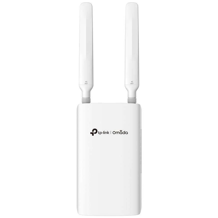 A large main feature product image of TP-Link Omada ER703WP 4G+ Cat6 AX3000 Wi-Fi 6 Indoor/Outdoor Gateway