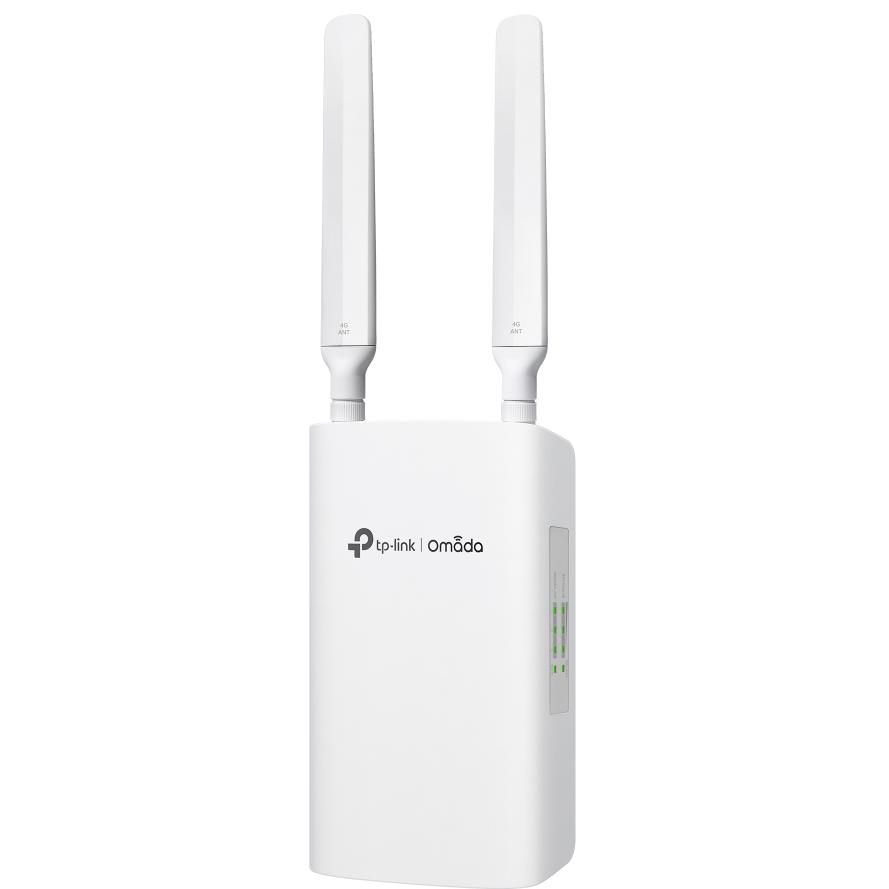A large main feature product image of TP-Link Omada ER703WP 4G+ Cat6 AX3000 Wi-Fi 6 Indoor/Outdoor Gateway