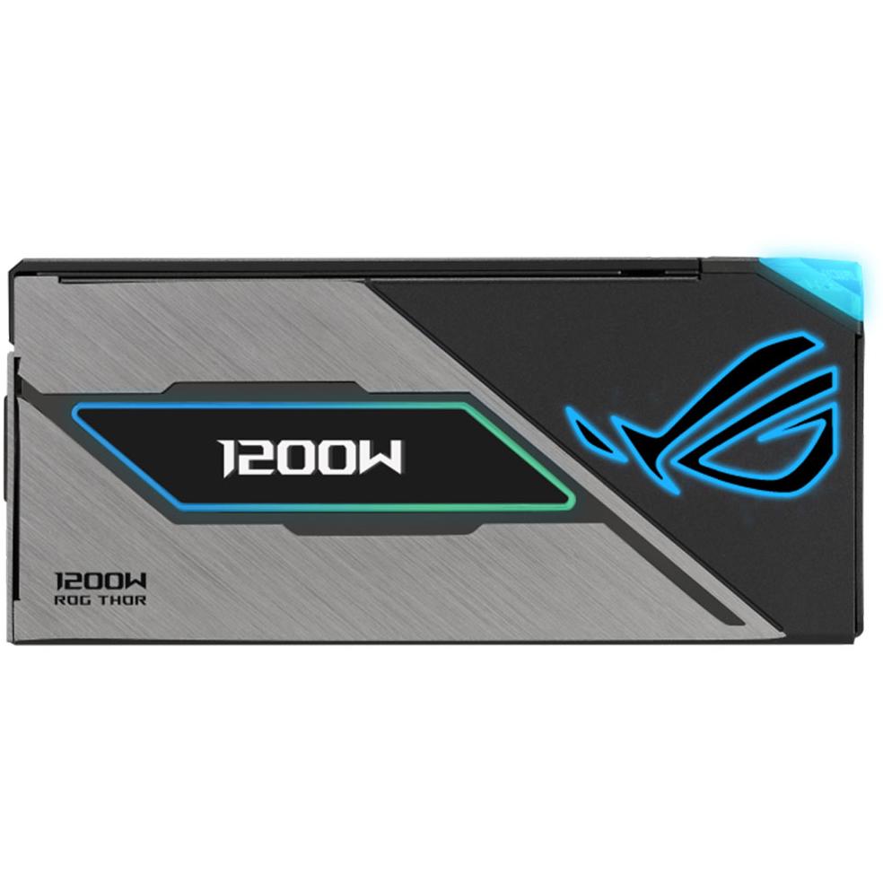 A large main feature product image of ASUS ROG THOR 1200W Platinum III PCIe 5.0 Modular PSU w/ Magnetic OLED Display