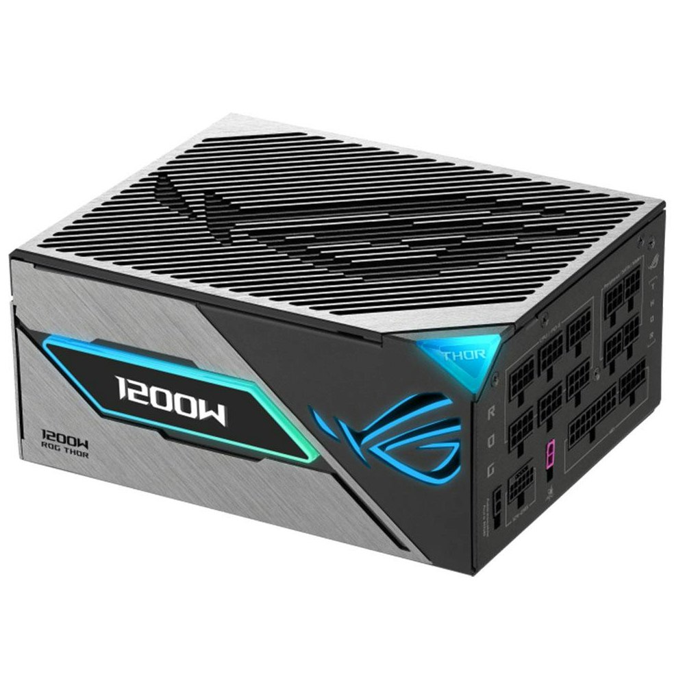 A large main feature product image of ASUS ROG THOR 1200W Platinum III PCIe 5.0 Modular PSU w/ Magnetic OLED Display