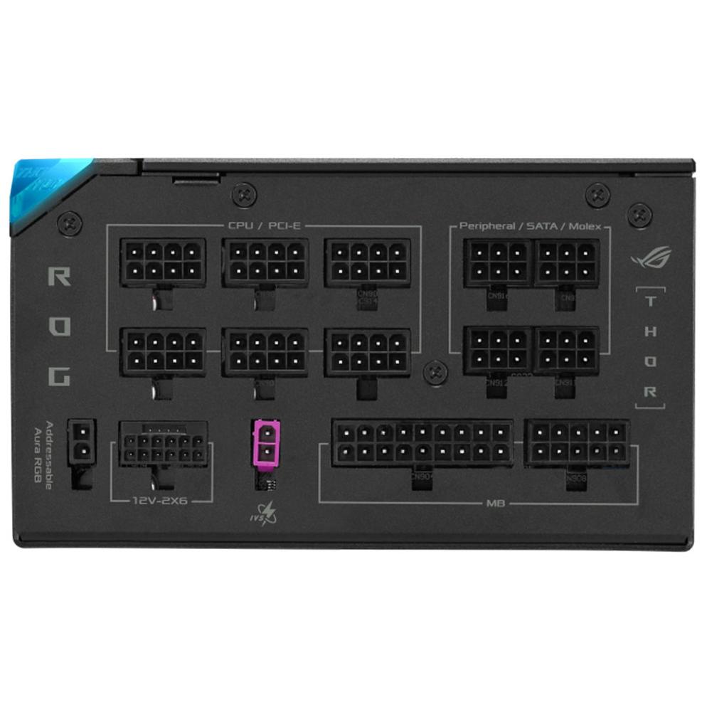 A large main feature product image of ASUS ROG THOR 1200W Platinum III PCIe 5.0 Modular PSU w/ Magnetic OLED Display