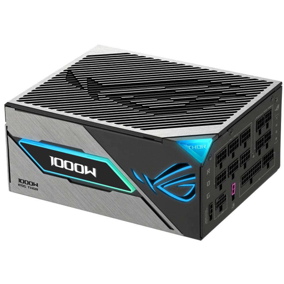 A large main feature product image of ASUS ROG THOR 1000W Platinum III PCIe 5.0 Modular PSU w/ Magnetic OLED Display