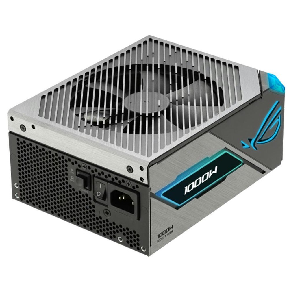 A large main feature product image of ASUS ROG THOR 1000W Platinum III PCIe 5.0 Modular PSU w/ Magnetic OLED Display