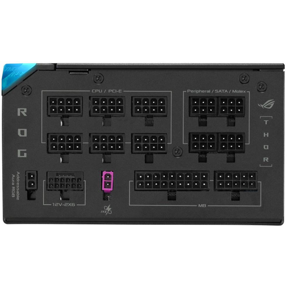 A large main feature product image of ASUS ROG THOR 1000W Platinum III PCIe 5.0 Modular PSU w/ Magnetic OLED Display