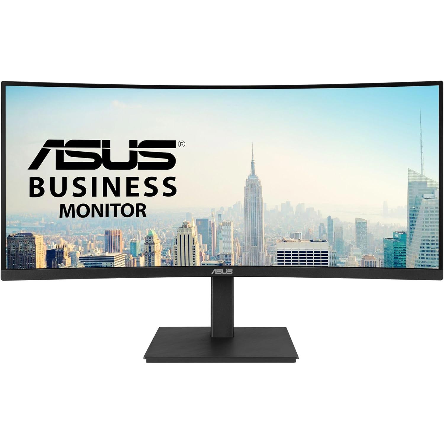 A large main feature product image of ASUS VA34VCPSR - 34" Curved 1440p 100Hz VA Monitor