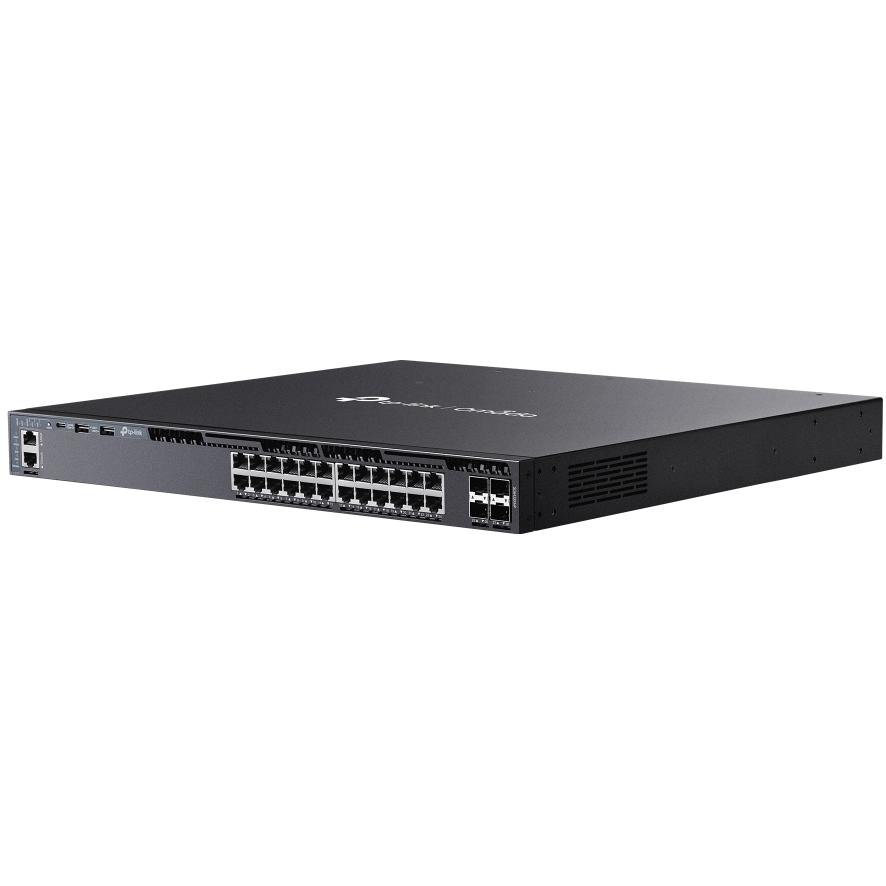 A large main feature product image of TP-Link Omada 24-Port Gigabit Stackable L3 Managed PoE+ Switch w/ 4x 10GbE Slots