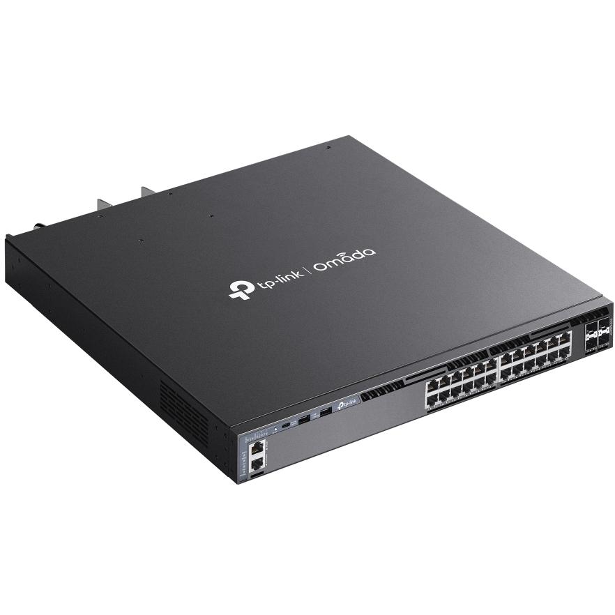 A large main feature product image of TP-Link Omada 24-Port Gigabit Stackable L3 Managed PoE+ Switch w/ 4x 10GbE Slots