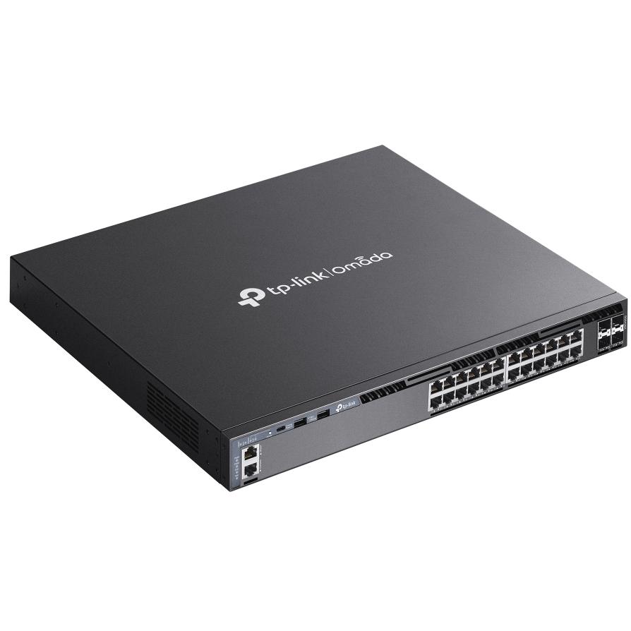 A large main feature product image of TP-Link Omada 24-Port Gigabit Stackable L3 Managed Switch w/ 4x 10GbE Slots