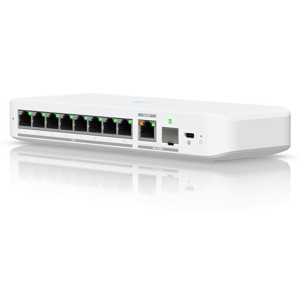 A large main feature product image of Ubiquiti UniFi Flex 2.5G - 8-Port 2.5GbE Switch