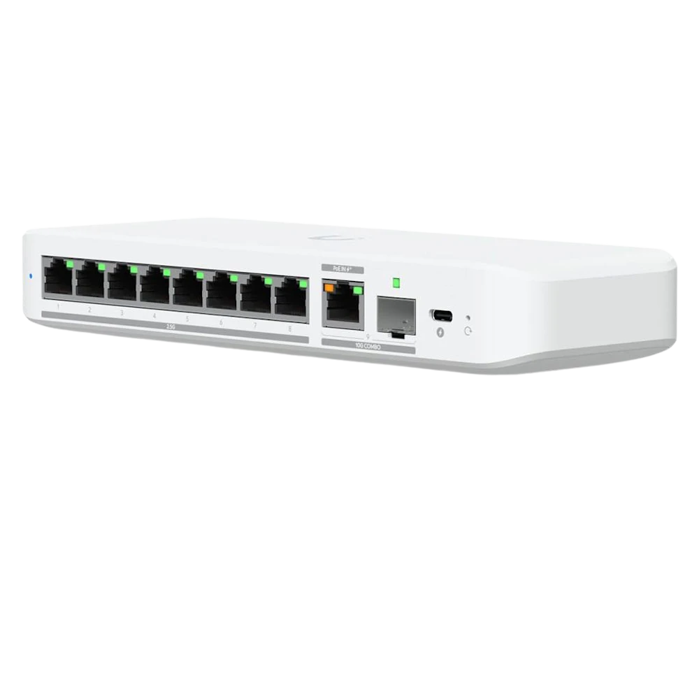 A large main feature product image of Ubiquiti UniFi Flex 8-Port 2.5GbE Switch