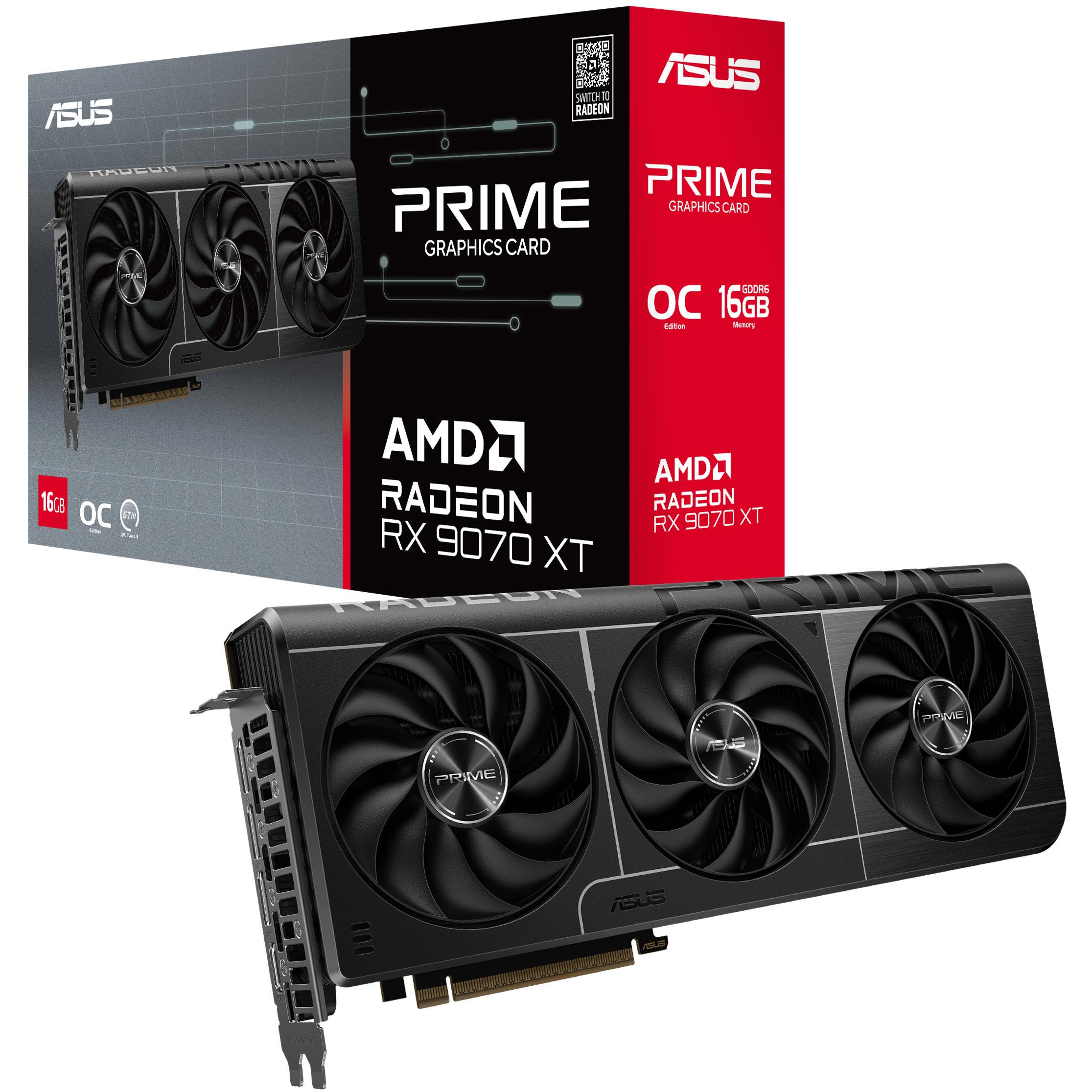 A large main feature product image of ASUS Radeon RX 9070 XT Prime OC 16GB GDDR6