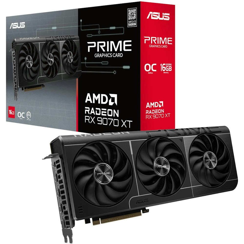 A large main feature product image of ASUS Radeon RX 9070 XT Prime OC 16GB GDDR6