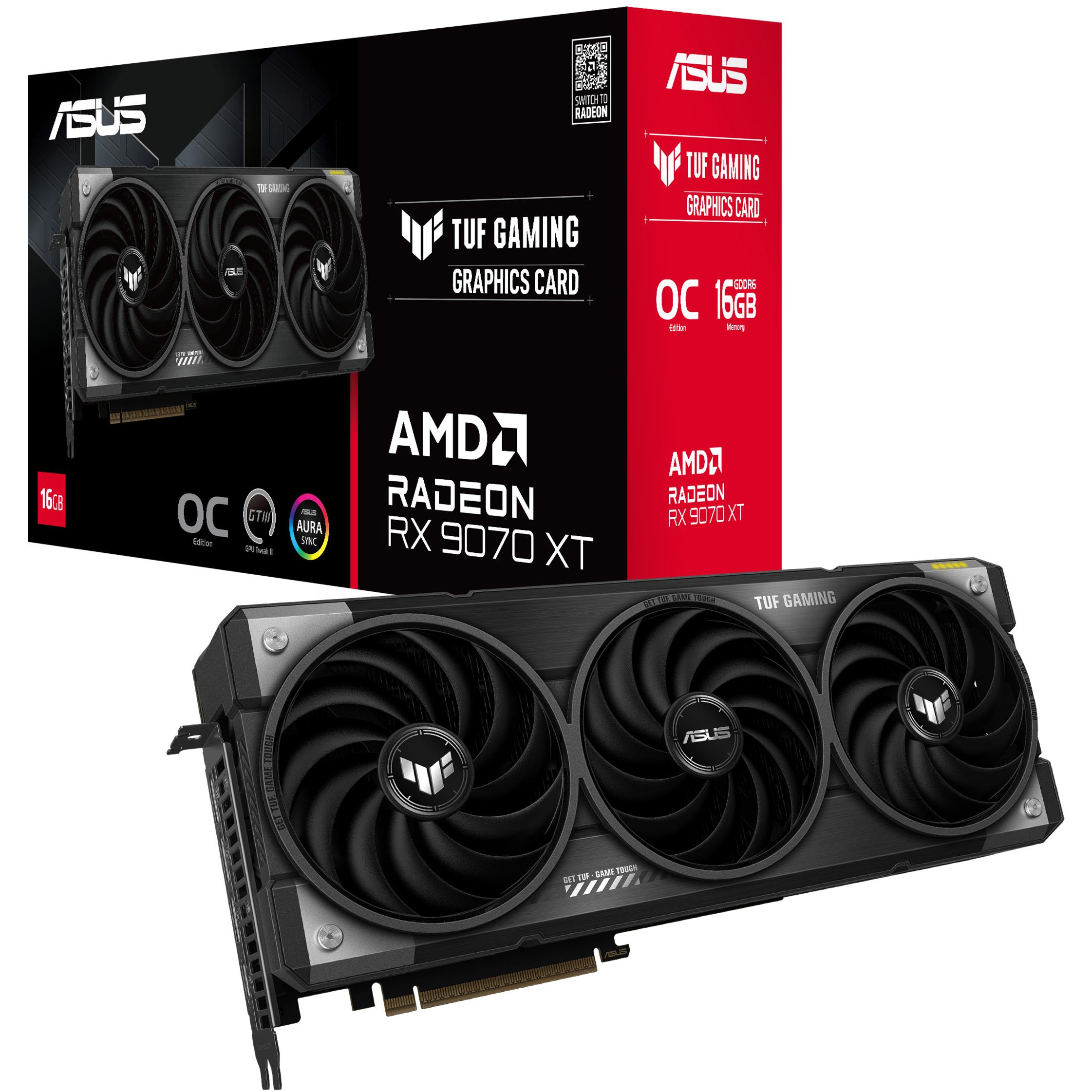 A large main feature product image of ASUS Radeon RX 9070 XT TUF Gaming OC 16GB GDDR6