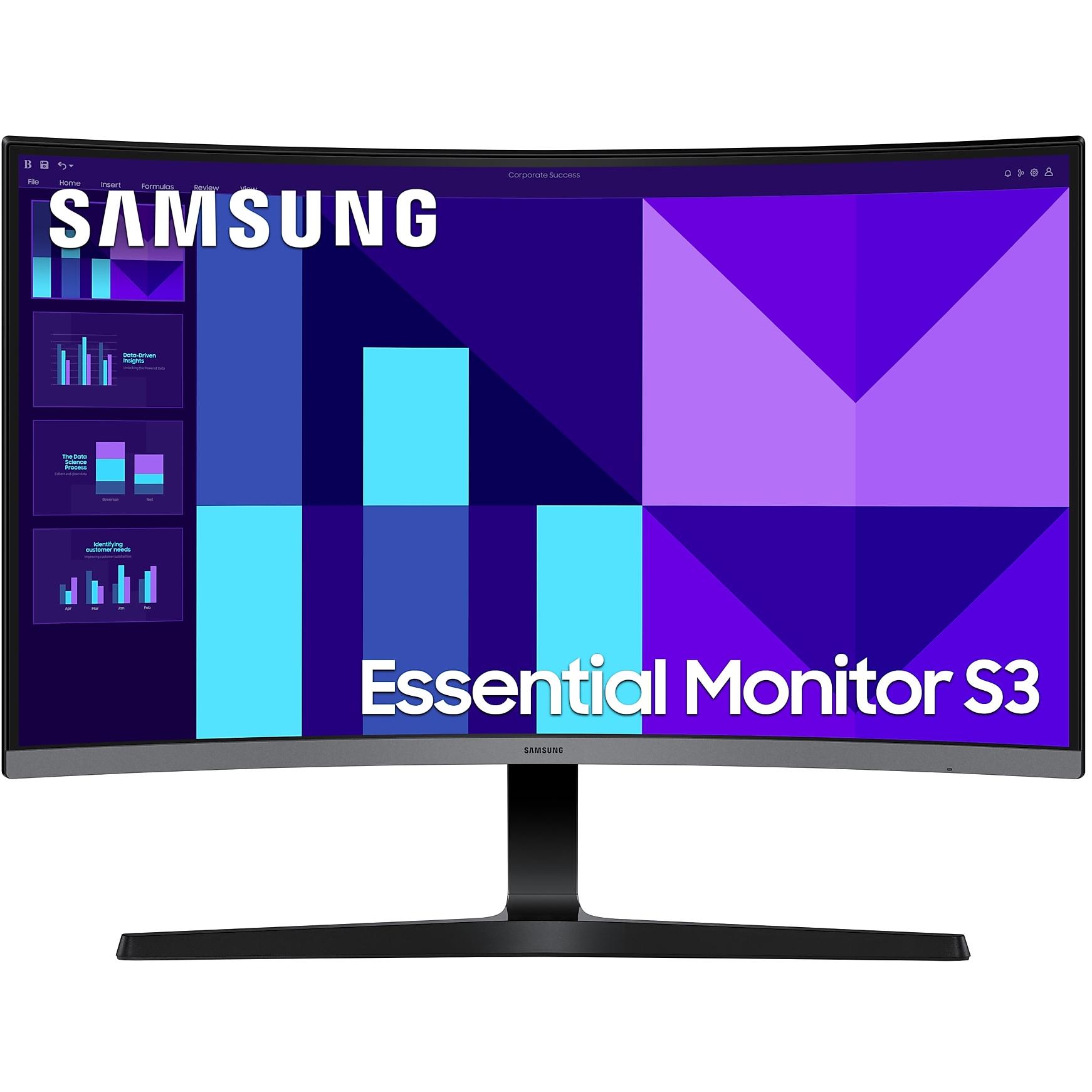 A large main feature product image of Samsung Essential S3 S39GD - 27" Curved 1080p 100Hz VA Monitor