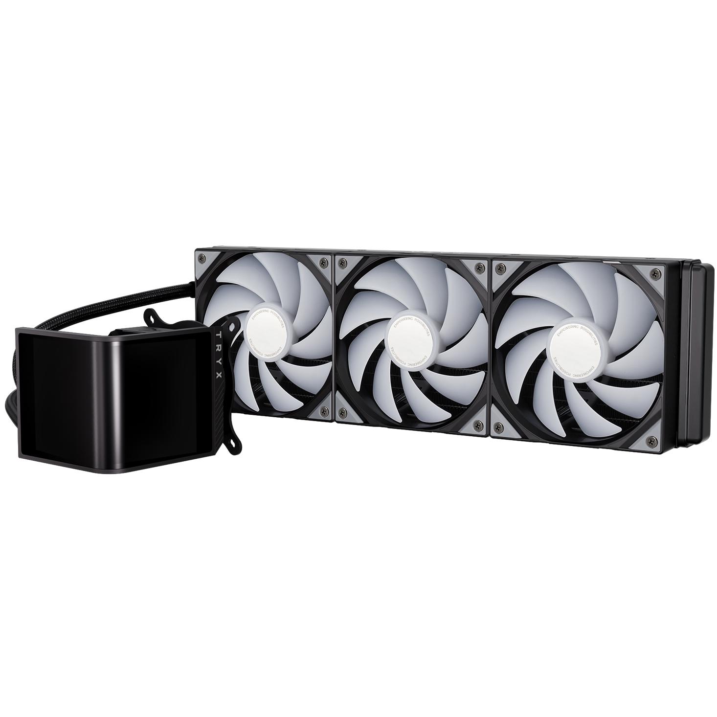 A large main feature product image of TRYX PANORAMA SE OLED - ARGB 360mm AIO Liquid Cooler with 3D Display (Black)