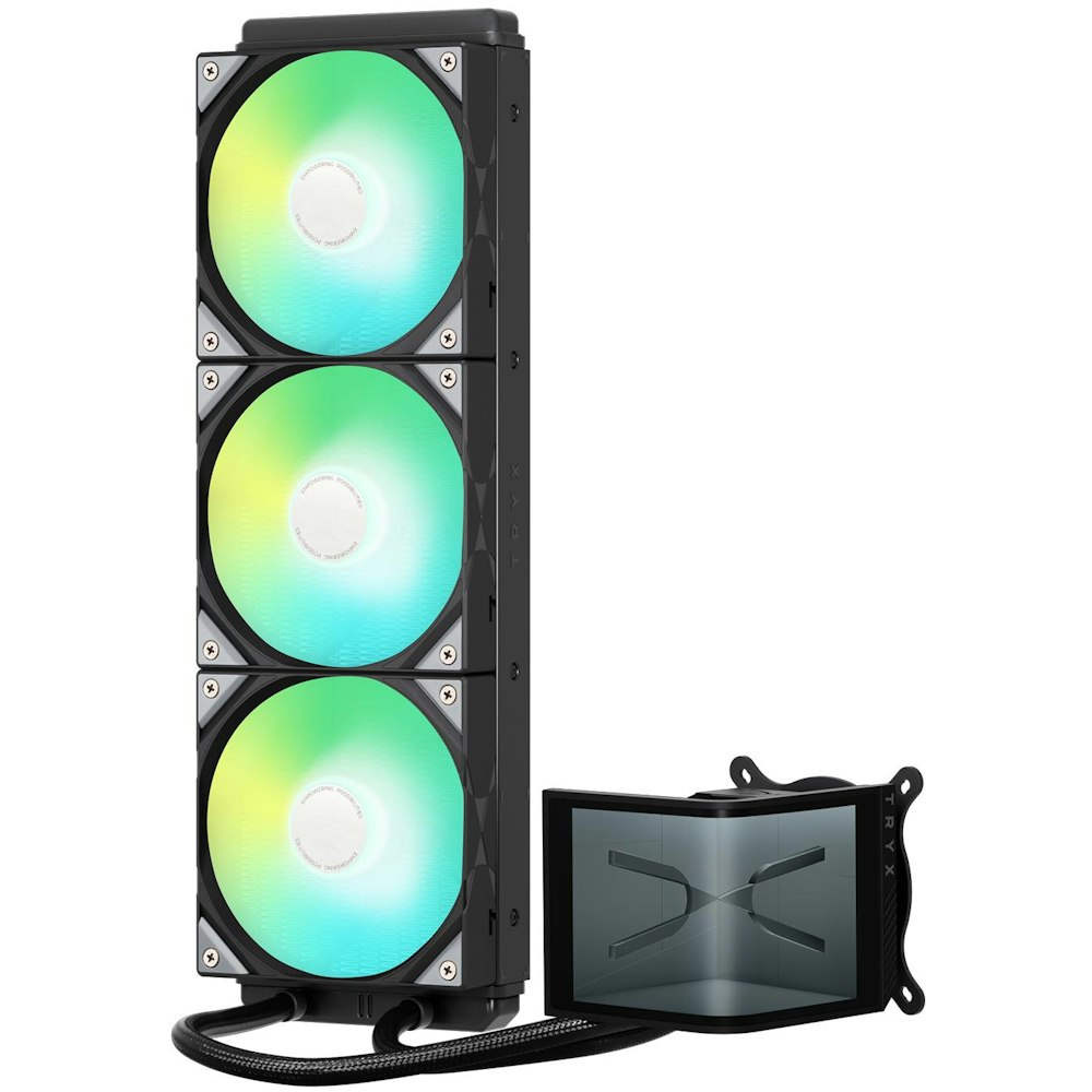 A large main feature product image of TRYX PANORAMA SE OLED - ARGB 360mm AIO Liquid Cooler with 3D Display (Black)