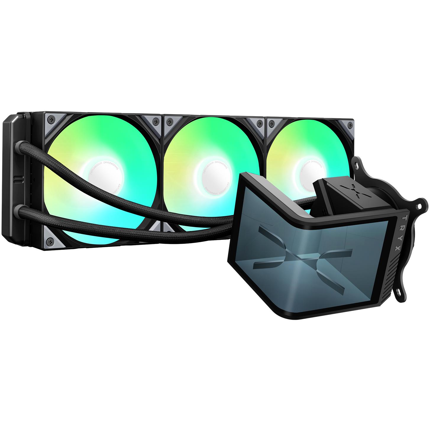 A large main feature product image of TRYX PANORAMA SE OLED - ARGB 360mm AIO Liquid Cooler with 3D Display (Black)