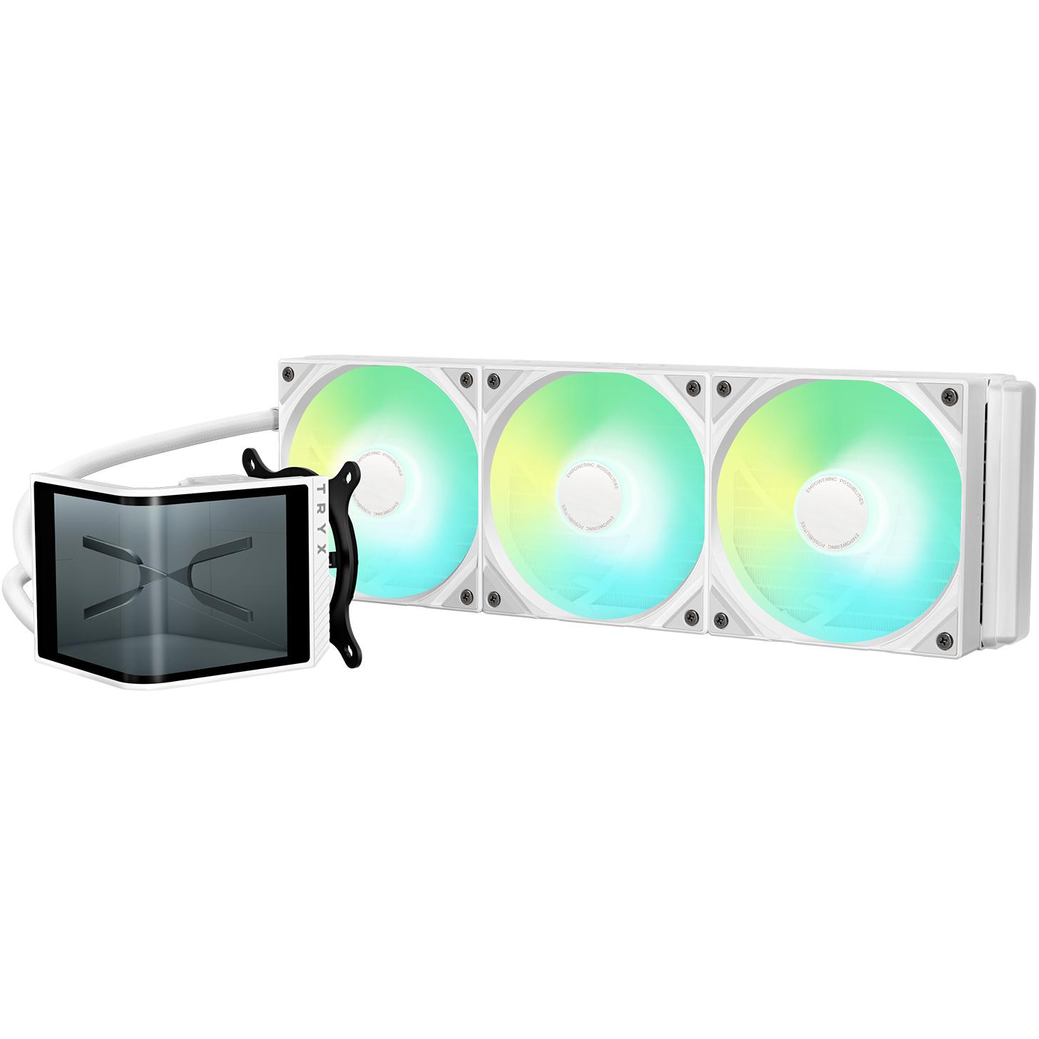 A large main feature product image of TRYX PANORAMA SE OLED - ARGB 360mm AIO Liquid Cooler with 3D Display (White)