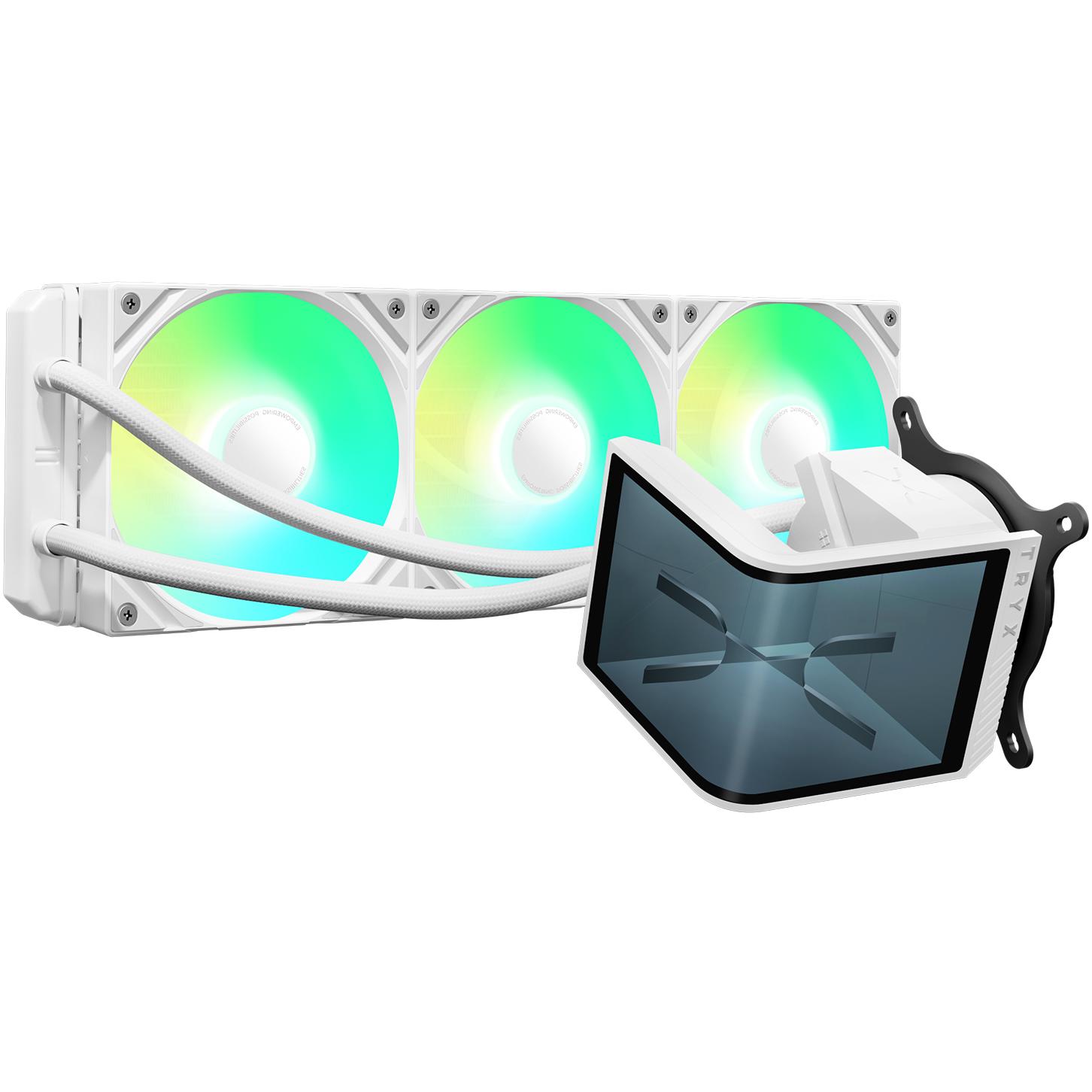 A large main feature product image of TRYX PANORAMA SE OLED - ARGB 360mm AIO Liquid Cooler with 3D Display (White)