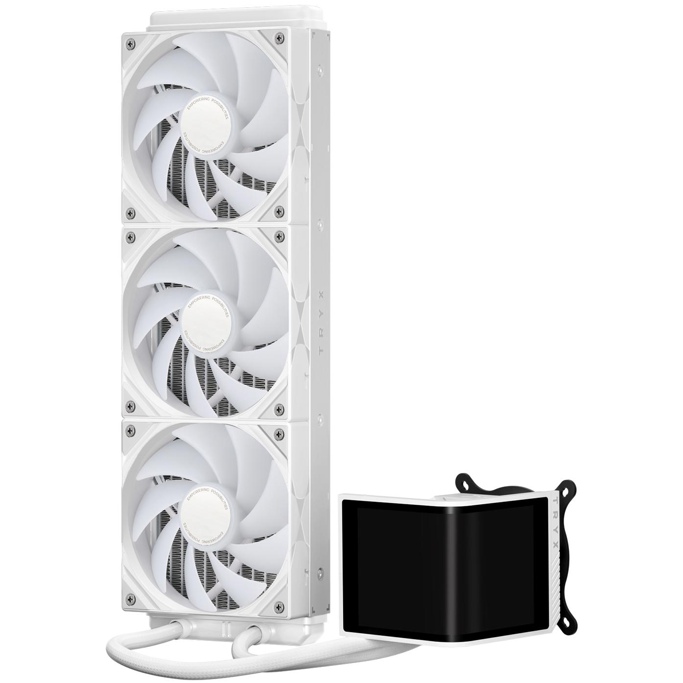 A large main feature product image of TRYX PANORAMA SE OLED - ARGB 360mm AIO Liquid Cooler with 3D Display (White)
