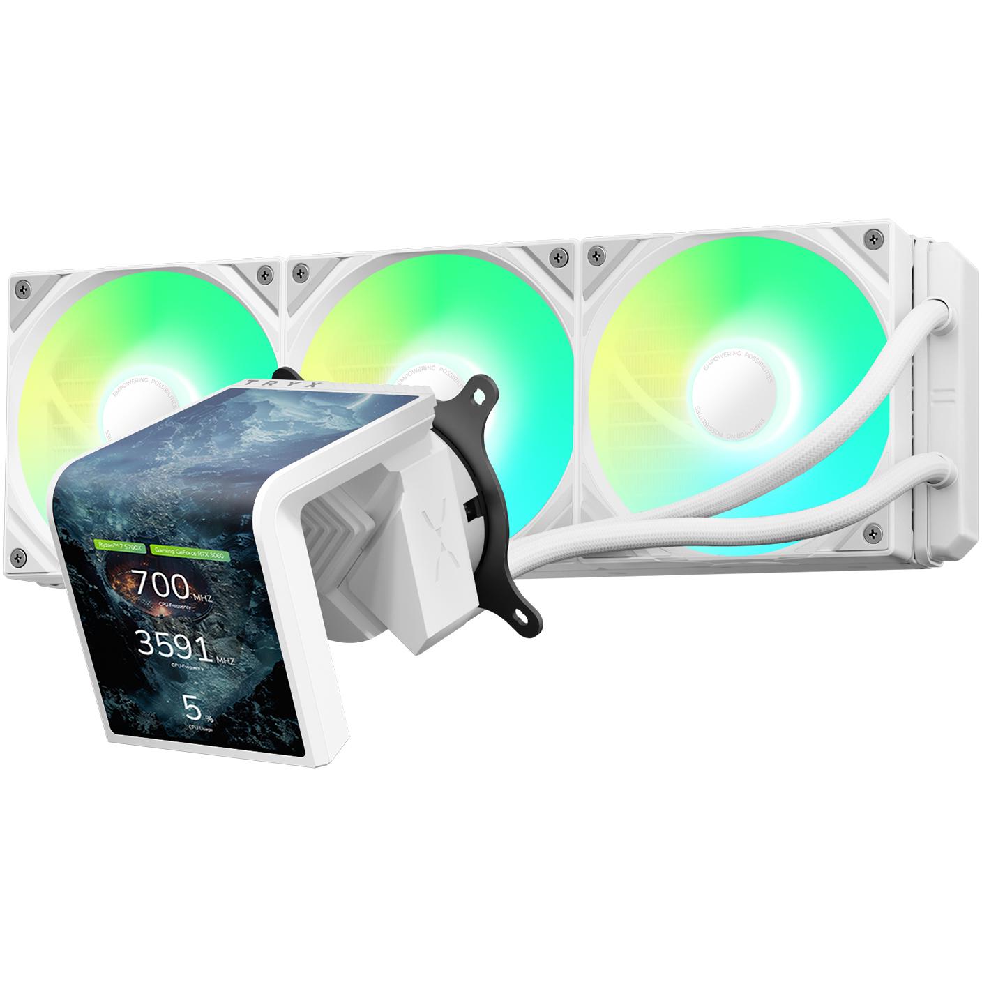A large main feature product image of TRYX PANORAMA SE OLED - ARGB 360mm AIO Liquid Cooler with 3D Display (White)