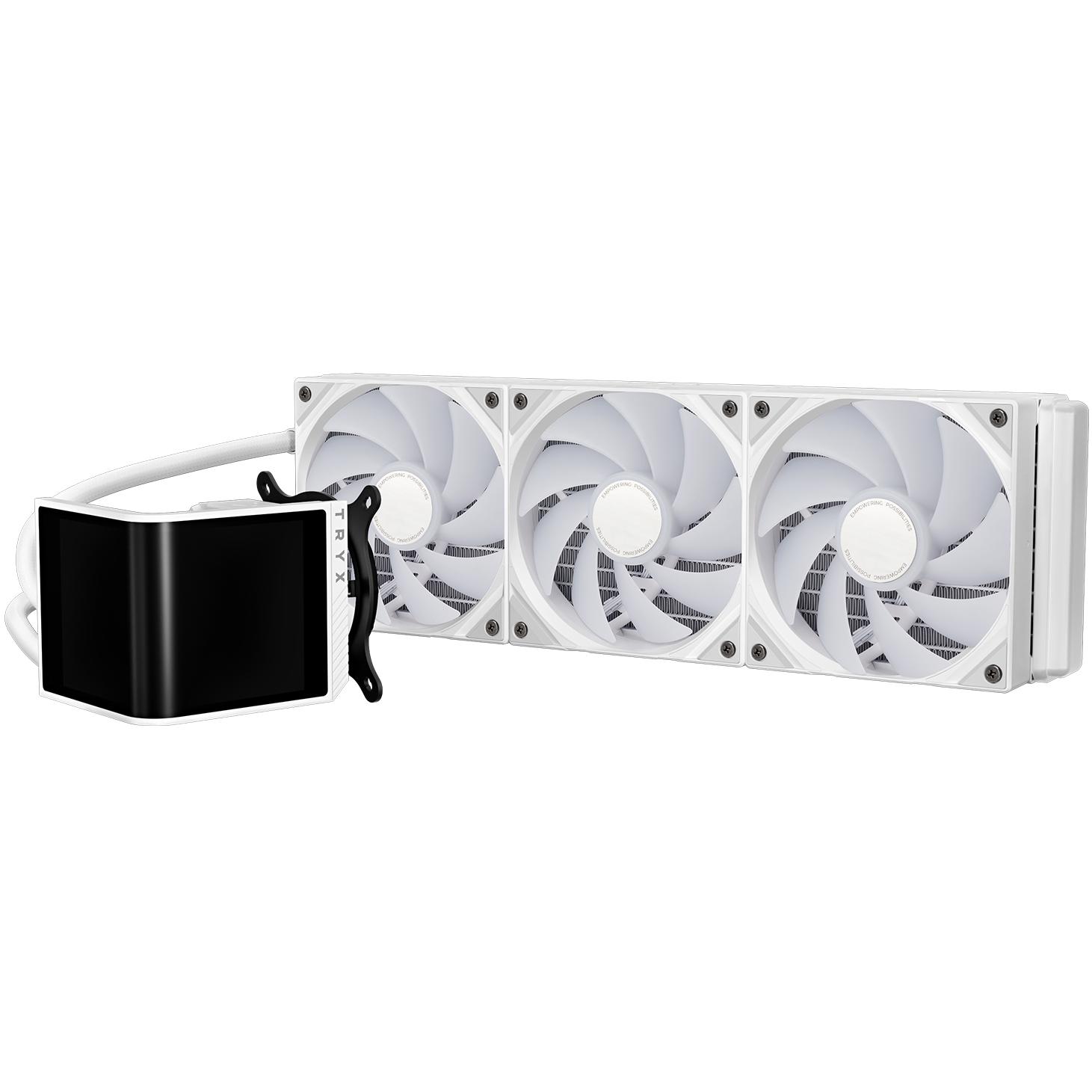 A large main feature product image of TRYX PANORAMA SE OLED - ARGB 360mm AIO Liquid Cooler with 3D Display (White)