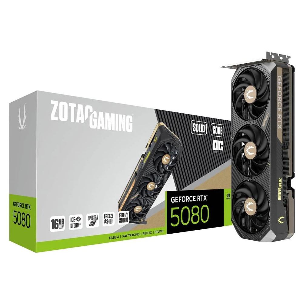 A large main feature product image of ZOTAC Gaming GeForce RTX 5080 Solid Core OC 16GB GDDR7