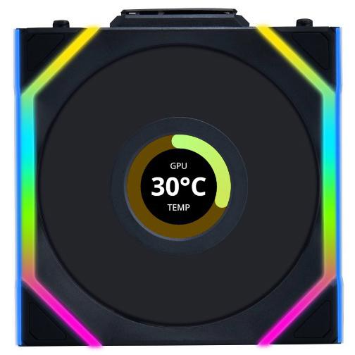 A large main feature product image of Lian Li UNI FAN SL120 Wireless LCD - 120mm Modular Fan 3-Pack w/ Controller (Black)