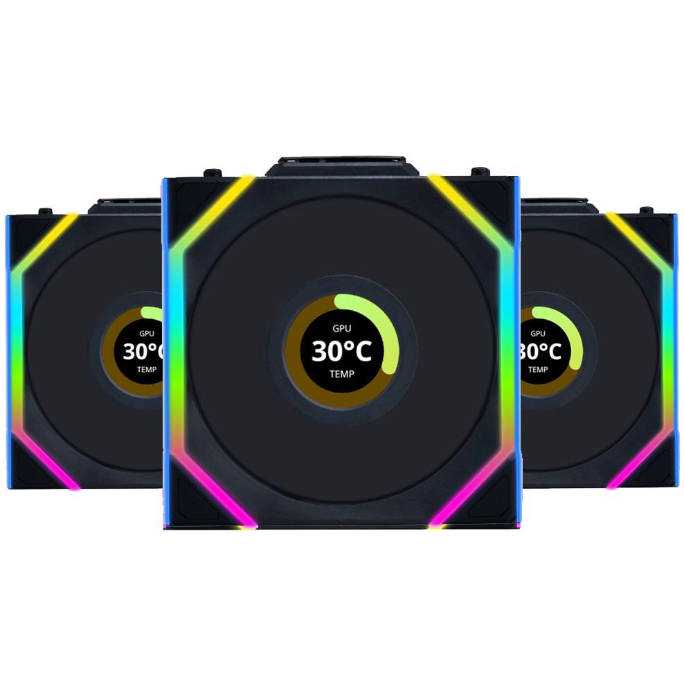 A large main feature product image of Lian Li UNI FAN SL120 Wireless LCD - 120mm Modular Fan 3-Pack w/ Controller (Black)