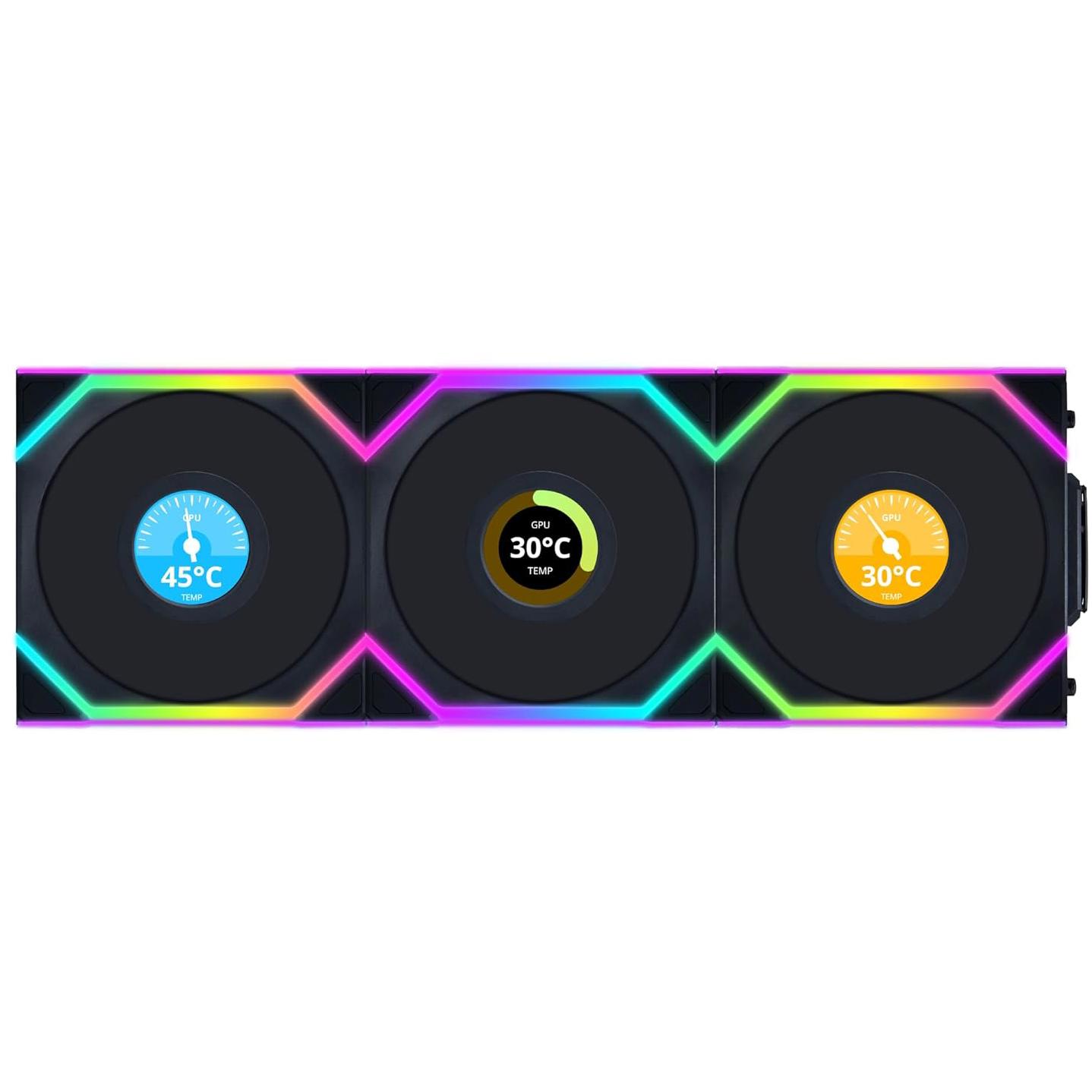 A large main feature product image of Lian Li UNI FAN SL120 Wireless LCD - 120mm Reverse Blade Modular Fan 3-Pack w/ Controller (Black)