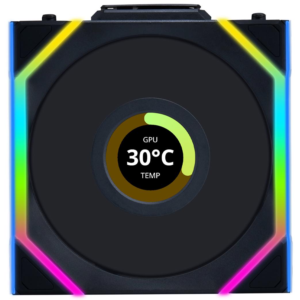 A large main feature product image of Lian Li UNI FAN SL120 Wireless LCD - 120mm Modular Fan (Black)