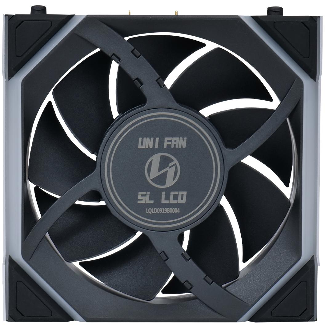 A large main feature product image of Lian Li UNI FAN SL120 Wireless LCD - 120mm Modular Fan (Black)