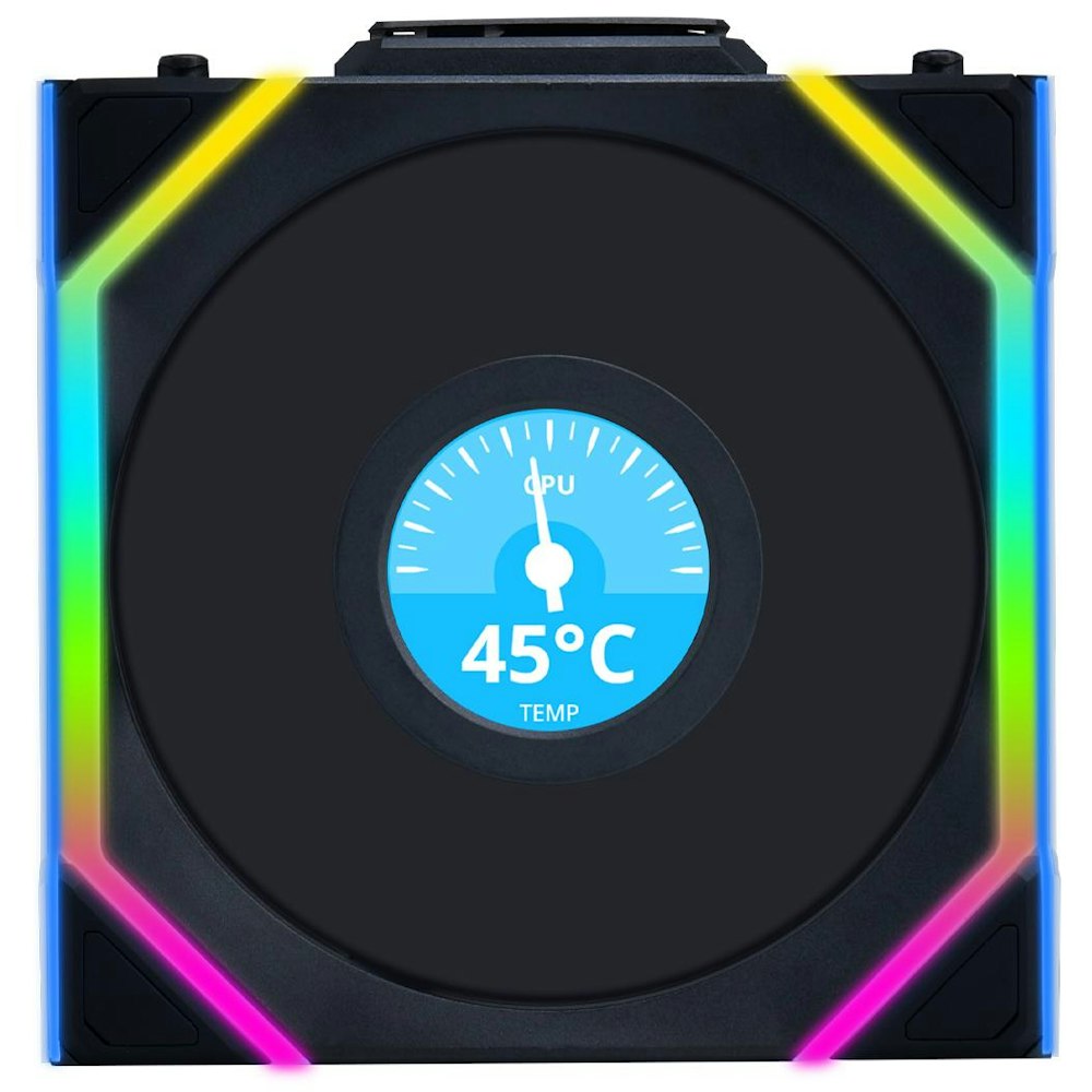 A large main feature product image of Lian Li UNI FAN SL120 Wireless LCD - 120mm Reverse Blade Modular Fan (Black)