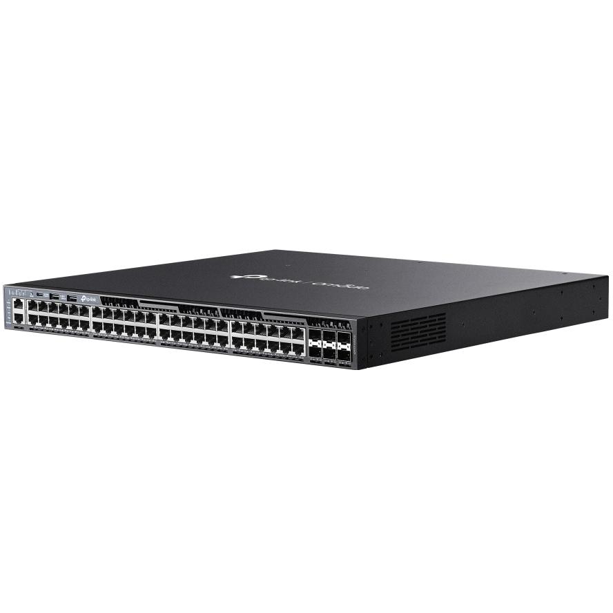 A large main feature product image of TP-Link Omada 48-Port Gigabit Stackable L3 Managed PoE+ Switch w/ 6x 10GbE Slots