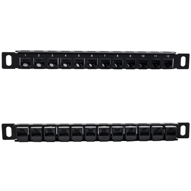 A large main feature product image of DeskPi RackMate 10" 0.5U 12-Port CAT6 Patch Panel
