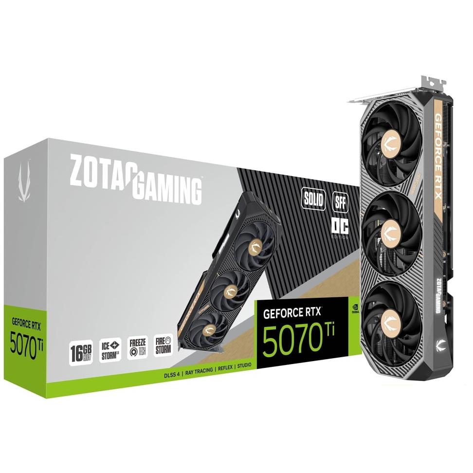 A large main feature product image of ZOTAC Gaming GeForce RTX 5070 Ti Solid Core OC SFF 16GB GDDR7
