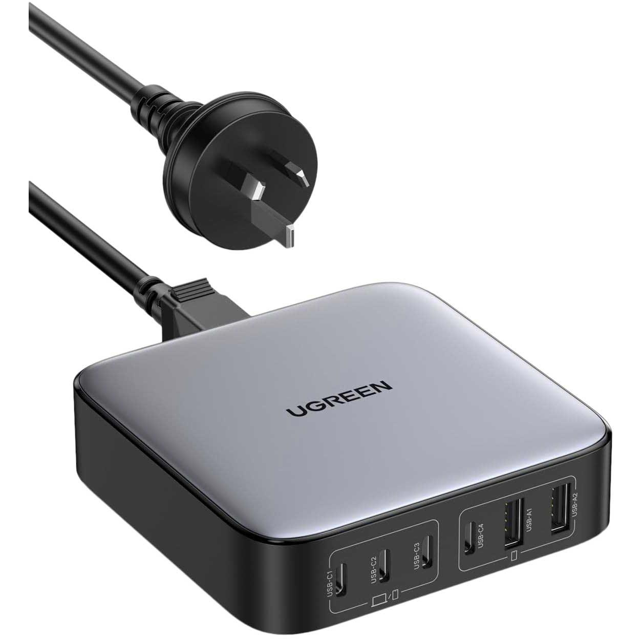 A large main feature product image of UGREEN Nexode 200W USB Type-C PD GaN 6-Port Desktop Charger