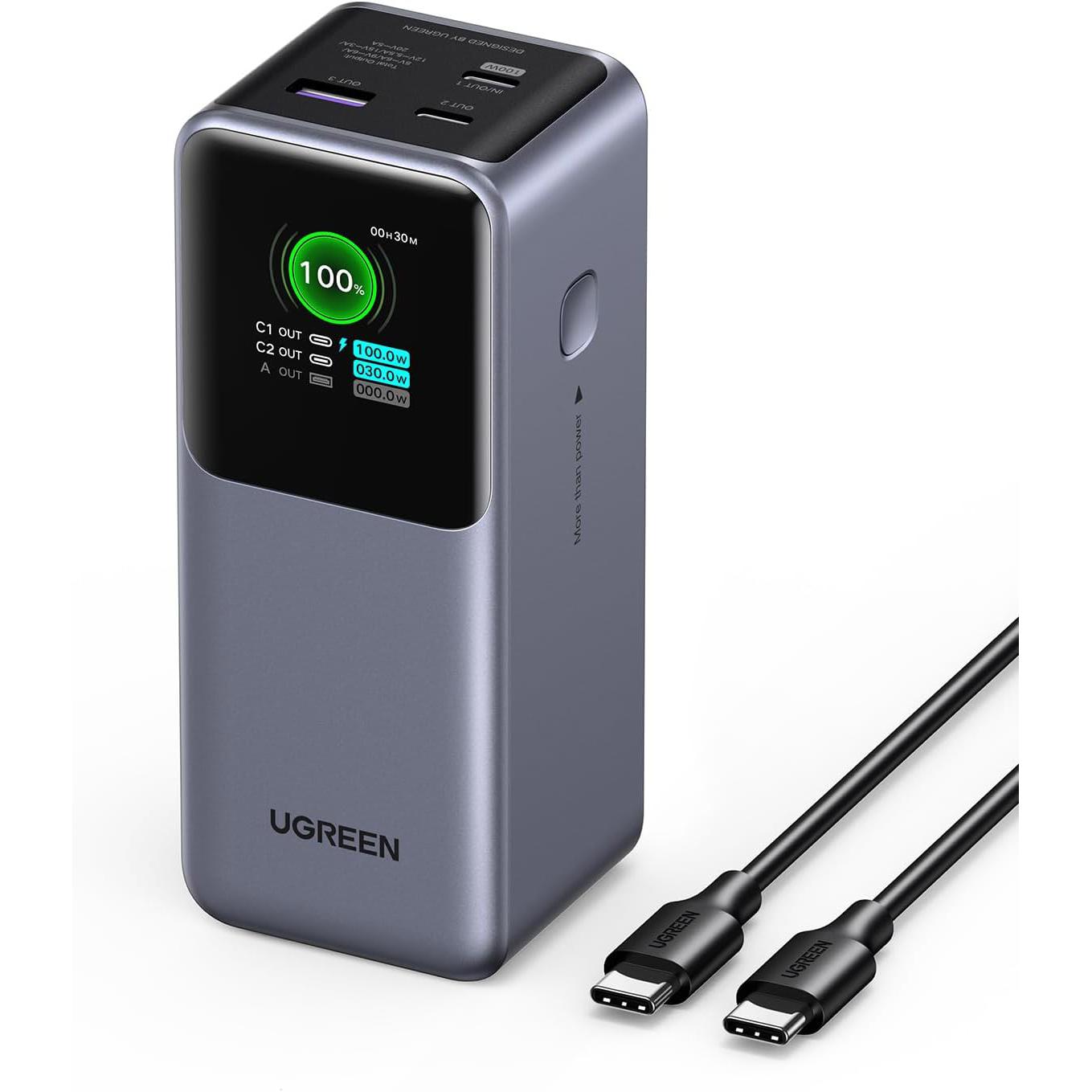 A large main feature product image of UGREEN Nexode 130W 20000mAh 3-Port Power Bank with Digital Display