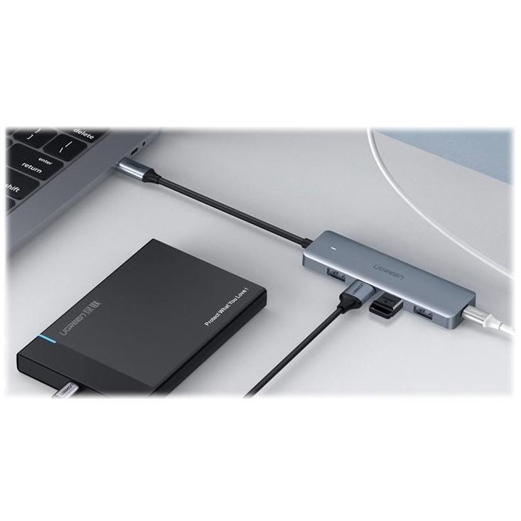 A large main feature product image of UGREEN 4-Port USB Type-C Hub