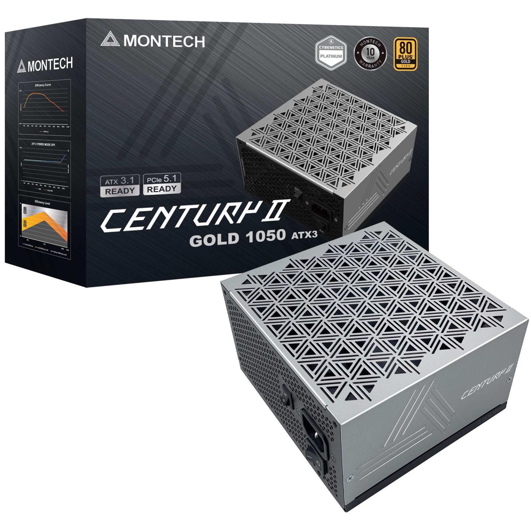 A large main feature product image of Montech CENTURY II 1050W Gold ATX 3.1 PCIe 5.1 Modular PSU