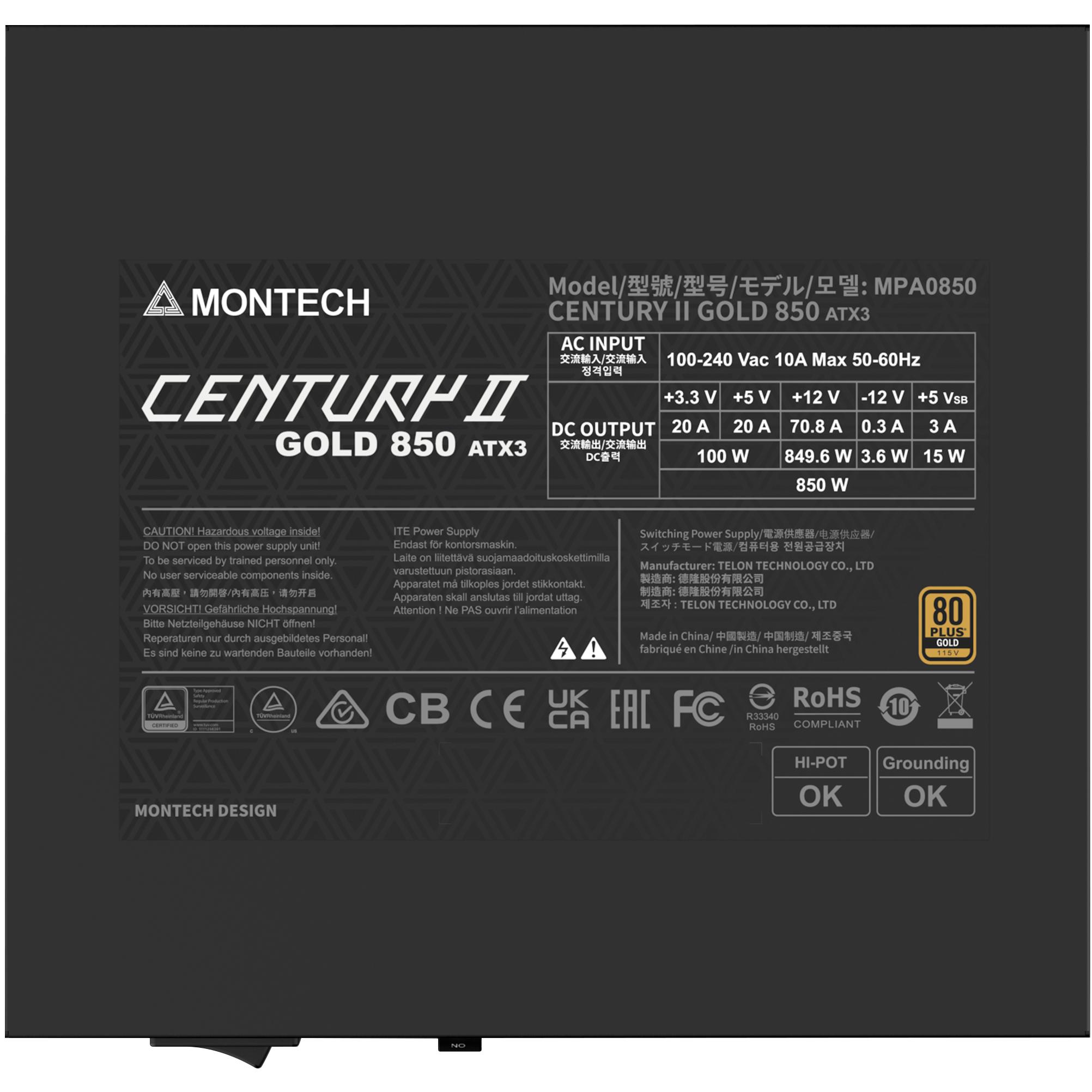 A large main feature product image of Montech CENTURY II 850W Gold ATX 3.1 PCIe 5.1 Modular PSU