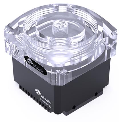 A large main feature product image of Bykski PWM DDC Pump w/ ARGB Acrylic Top