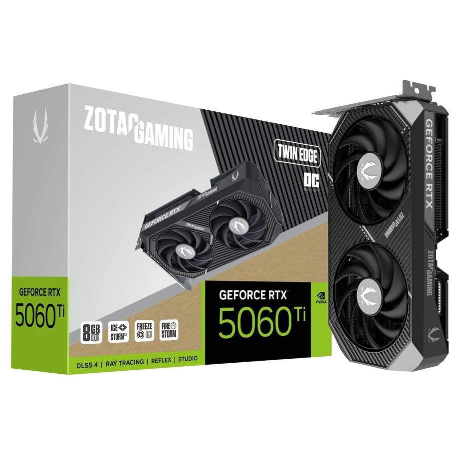 A large main feature product image of ZOTAC Gaming GeForce RTX 5060 Ti Twin Edge OC 8GB GDDR7