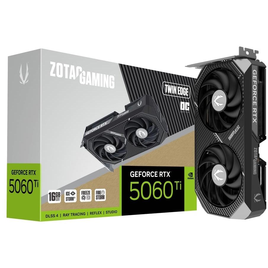 A large main feature product image of ZOTAC Gaming GeForce RTX 5060 Ti Twin Edge OC 16GB GDDR7