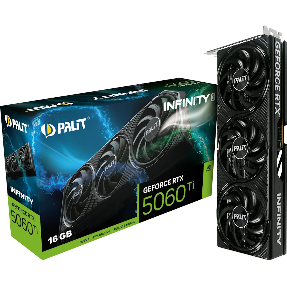A large main feature product image of Palit GeForce RTX 5060 Ti Infinity 3 16GB GDDR7