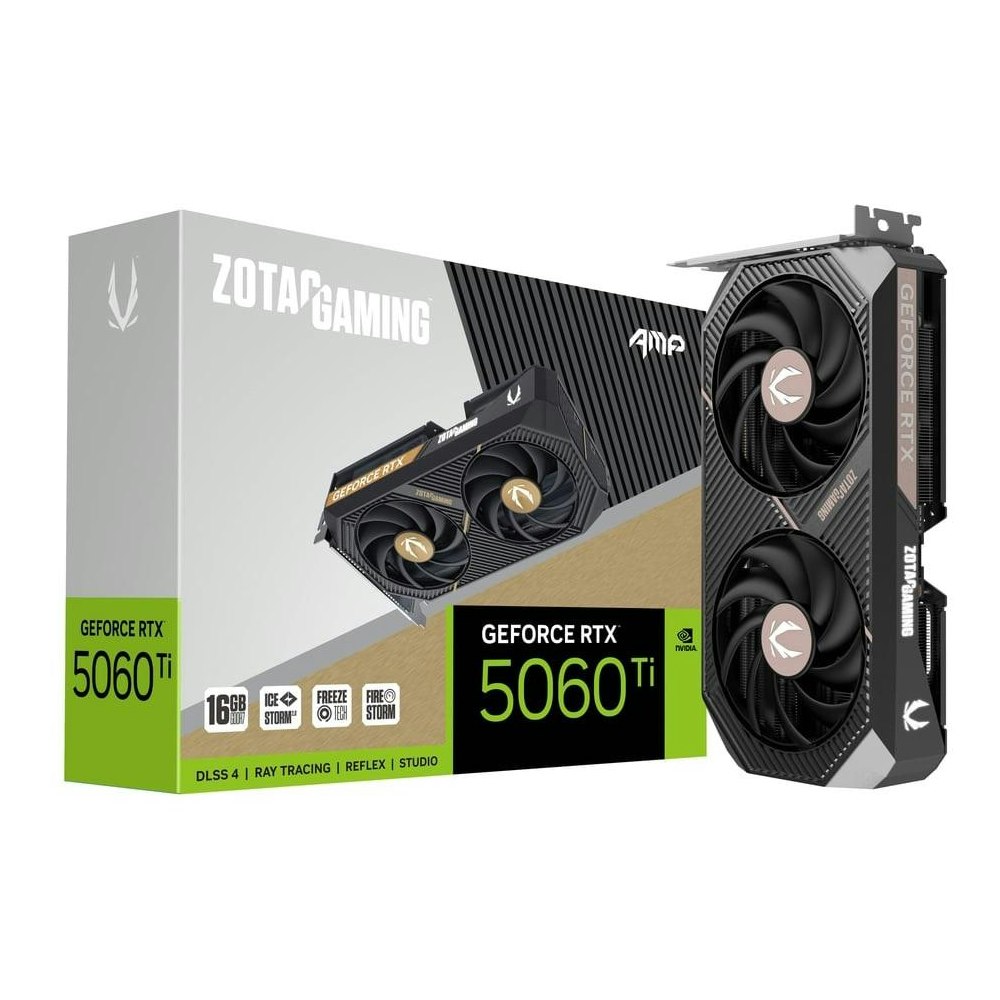 A large main feature product image of ZOTAC Gaming GeForce RTX 5060 Ti AMP EXTREME 16GB GDDR7