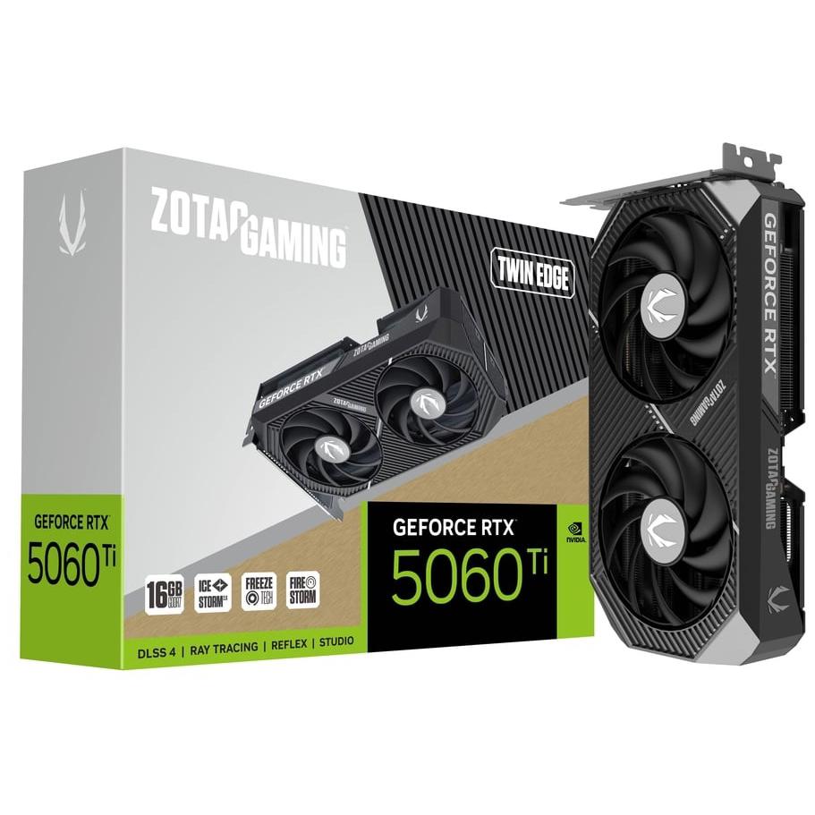 A large main feature product image of ZOTAC Gaming GeForce RTX 5060 Ti Twin Edge 16GB GDDR7